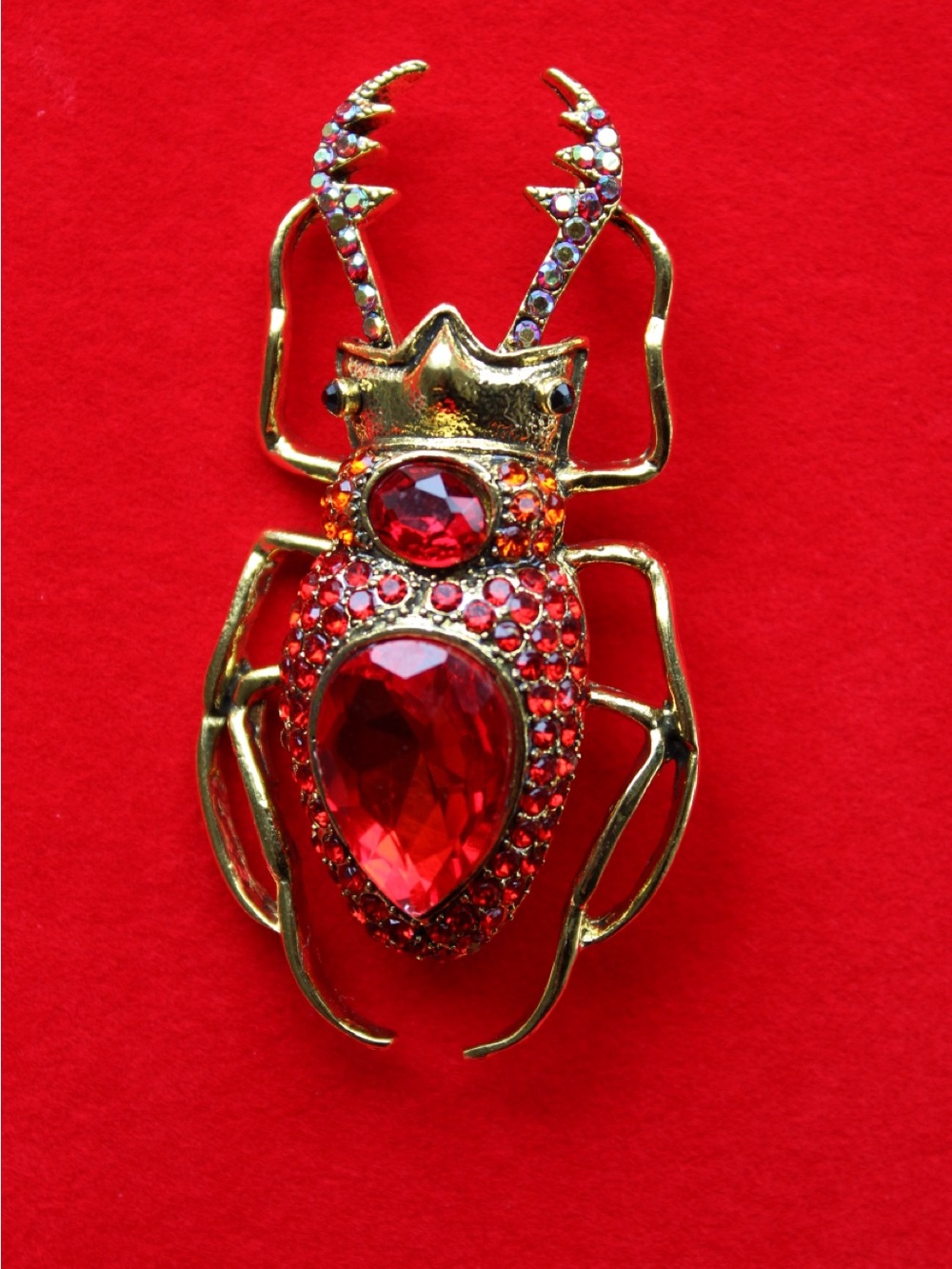 American Vintage Gold-Tone Beetle Brooch with Red Crystals
